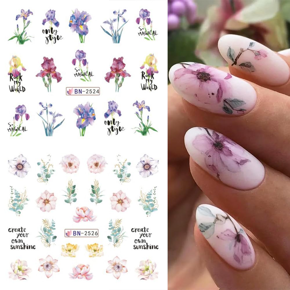 12 Sheets Flower Water Transfer Nail Stickers Purple Fresh Flower Nail Art Decals with Assorted Pattern Blossom Floral Butterfly Dragonfly DIY Nail Art supplies for Women Nail Decorations Manicure Tip-GlimoraGlow