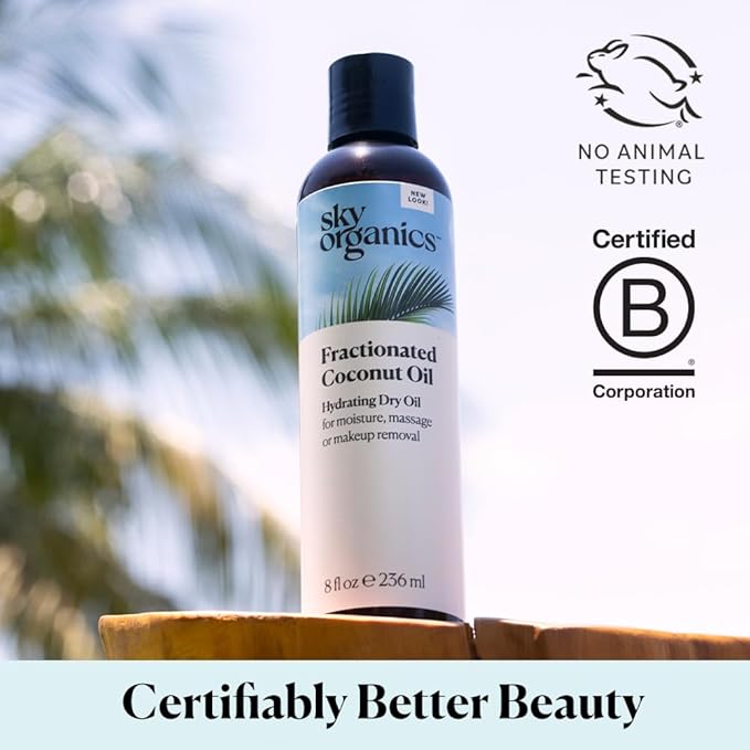 Sky Organics Fractionated Coconut Oil, Hydrating Dry Oil for Moisture, Massage and Makeup Removal, Suitable for All Skin Types, 100% Pure and Cold Pressed Multipurpose Body and Face Oil, 8 fl. Oz-GlimoraGlow