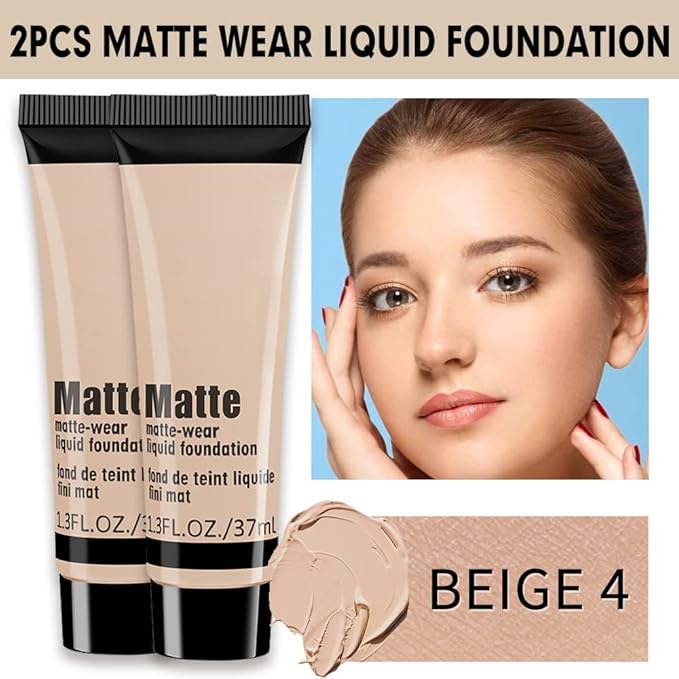2 Pack Liquid Foundation Cream for Face Makeup,Durable Full Coverage Matte Concealer Make Up,Oil Control & Waterproof Base Primer -1+1 Fl.Oz-BEIGE 4#-GlimoraGlow