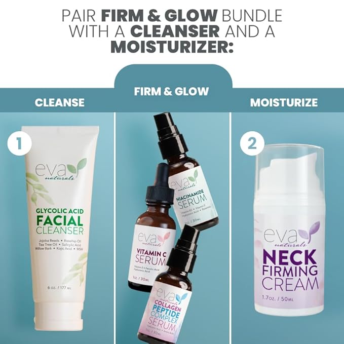 Eva Naturals Firm & Glow Serum Bundle – Vitamin C, Peptide & Niacinamide Serums – Anti-Aging Face Serum Set for Wrinkles, Glow, Pores, Hydration – Collagen Boosting Skin Care Routine-GlimoraGlow