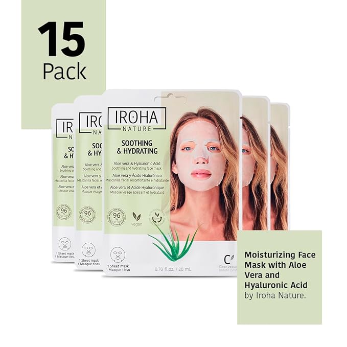 IROHA NATURE Comforting & Hydrating Tissue Face Mask with Aloe Vera | 15 Pieces | Aftersun Effect | 96% Natural Ingredients-GlimoraGlow