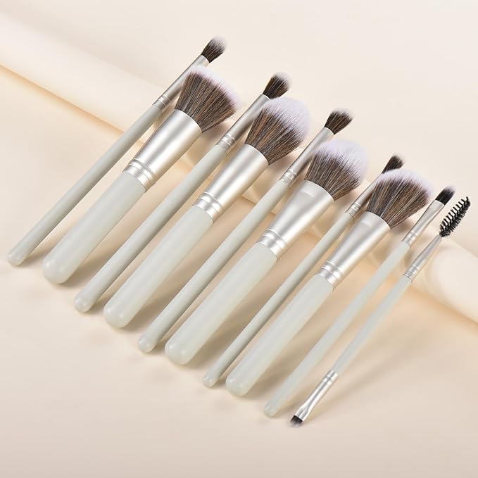 10 Piece Makeup Brushes - Grayish Green Wooden Handle with Soft Synthetic Bristles,for Face & Eye Makeup|Professional Makeup Brushes set for Women & Girls|-GlimoraGlow