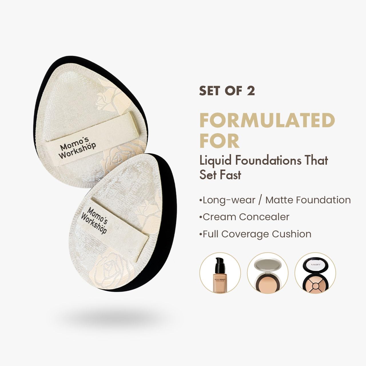 Satin White Egg Makeup Sponge,Firm Bounce Rubycell,Cushion Sponge with Wide PU Leather for Quick-Dry/Full Coverage Foundations, Cosmetic Puff,2pcs Beauty Puffs&Storage Case-GlimoraGlow