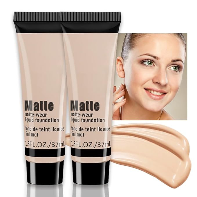 2 Pack Liquid Foundation Cream for Face Makeup,Durable Full Coverage Matte Concealer Make Up,Oil Control & Waterproof Base Primer -1+1 Fl.Oz-BEIGE 2#-GlimoraGlow
