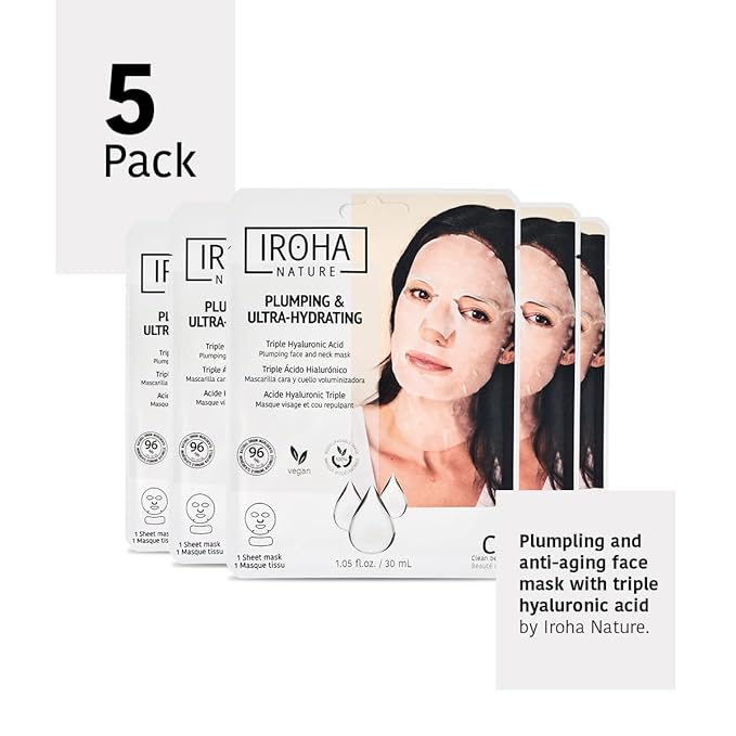 IROHA NATURE Replumping & Anti-Aging Tissue Face Mask (Pack of 5) | With Triple Hyaluronic Acid | Deep Hydration & Anti-Aging Effect | For Softer Skin | 100% Vegan-GlimoraGlow
