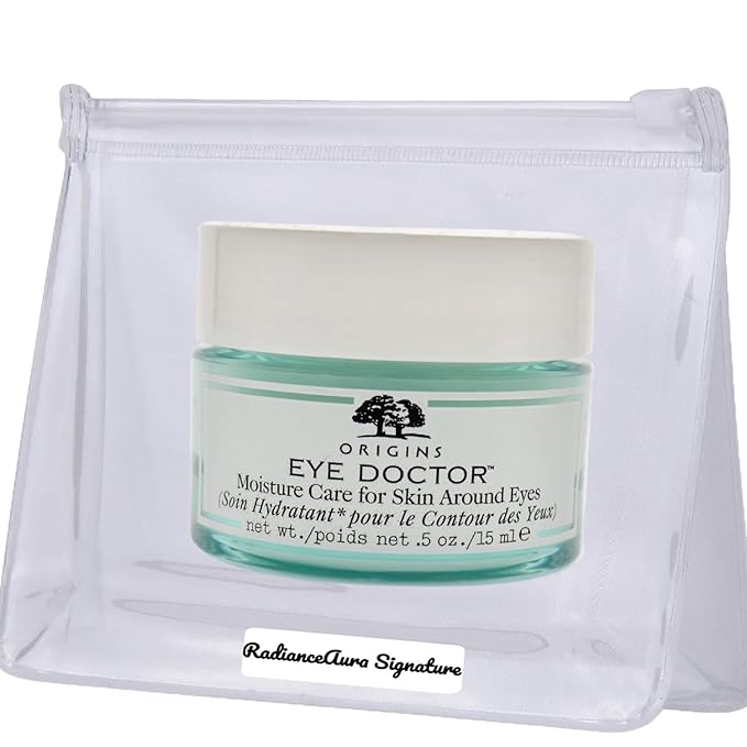 Hydrating Eye Cream Bundle. Include: 1 Pack of RadianceAura Signature Leak-Proof Travel Bag +1 Pack Origins Eye Doctor Moisture Care for Skin Around Eyes 0.5 Oz-GlimoraGlow