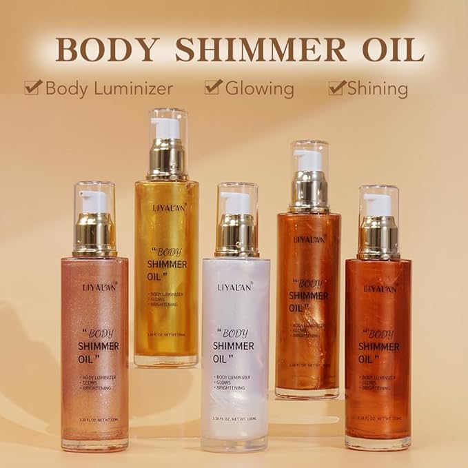 Liyalan Shimmer Body Oil Rose Gold 5 Color Bronze Face Glow Pearl Highlighter Illuminator body Makeup Shine Glitter Gold Liquid Taning 3.38 Fl Oz-GlimoraGlow
