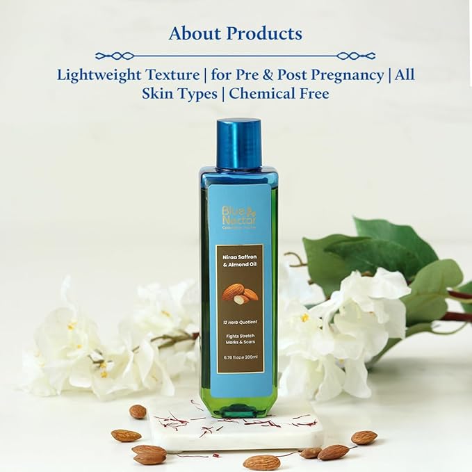Blue Nectar Saffron & Almond Oil, Ayurveda Product for Crepey Skin | Skin Firming Body Oil for Stretch Marks (12 Herbs, 3.38 Fl Oz)-GlimoraGlow
