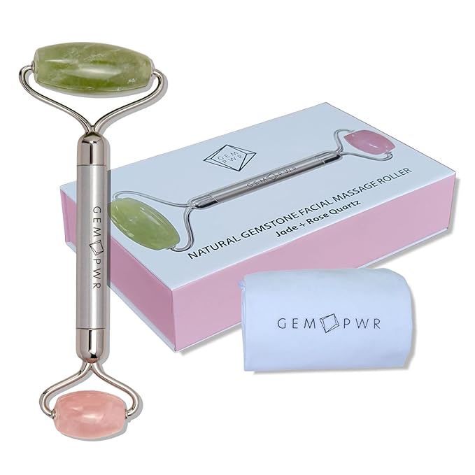 Rose Quartz + Jade Roller for Face and Neck Massage, Dual Gemstones with Durable Steel Handle and Travel Bag. Minimize Wrinkles, Reduce Puffiness and Restore Skin's Elasticity and Radiance-GlimoraGlow