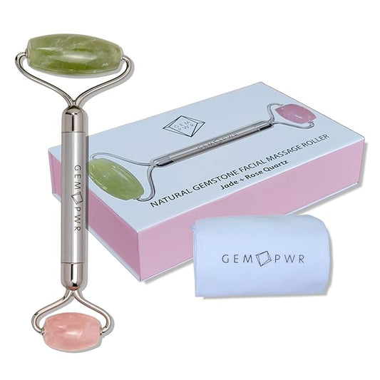 Rose Quartz + Jade Roller for Face and Neck Massage, Dual Gemstones with Durable Steel Handle and Travel Bag. Minimize Wrinkles, Reduce Puffiness and Restore Skin's Elasticity and Radiance-GlimoraGlow