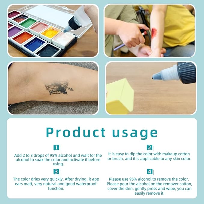 12 Colors Alcohol Activated Makeup Palette Set with Mimic Wound Sponge Makeup Egg for SFX Makeup Halloween Makeup-GlimoraGlow