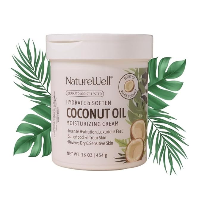 NATURE WELL Hydrate & Soften Coconut Oil Moisturizing Cream for Face, Body, & Hands, Non-Greasy, Intense Hydration & Luxurious Feel, Revives Dry & Sensitive Skin, Superfood for Your Skin, 16 Oz-GlimoraGlow