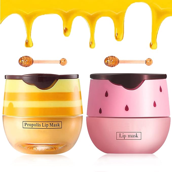 2 PCS Bee Lip Balm Lip Mask Honey Pot, Honey & Strawberry Lip Mask Propolis Moisturizing Lip Balm with Stick - Hydrating Prevention Dry and Cracked Lip Scrubs Exfoliato Lip Wrinkle Care-GlimoraGlow