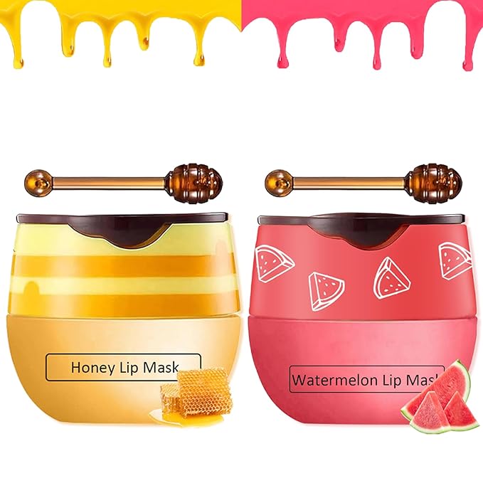 2 PCS Bee Lip Balm Honey Pot,Honey&Watermelon Lip Mask Overnight Moisturizing Prevention Dry and Cracked Lip Scrubs Exfoliator Lip Care,Lip Sleeping Mask Reduces Lip Lines-GlimoraGlow