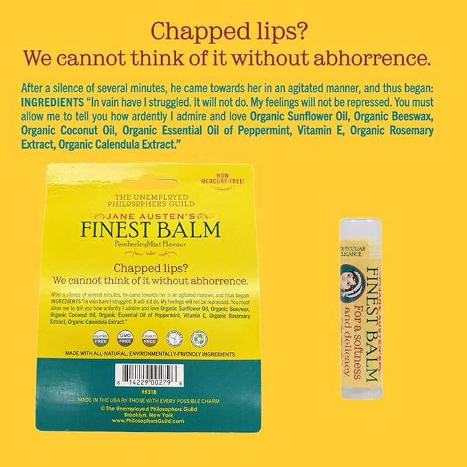 Jane Austen's Finest Balm, Lip Balm Tube, Peppermint Flavored - Cruelty-Free and Made in the USA from Natural and Imported Ingredients-GlimoraGlow