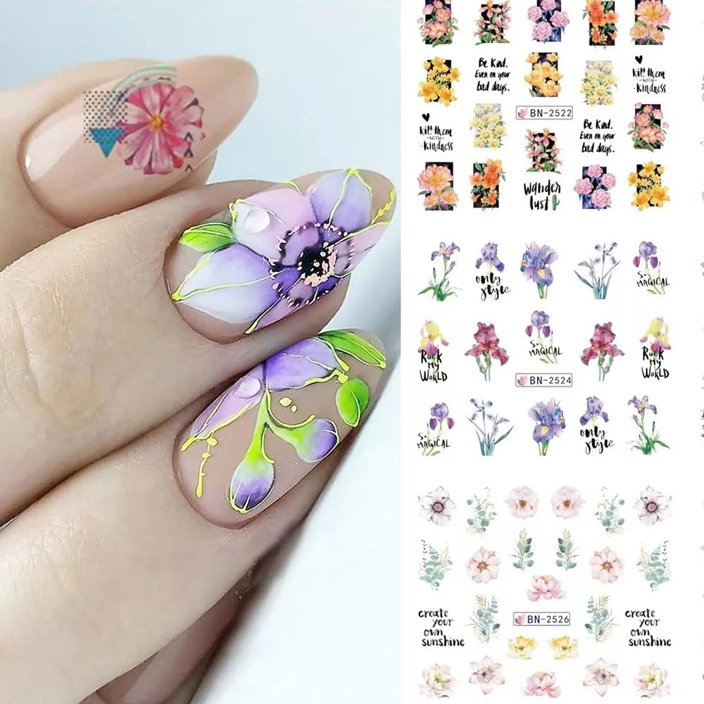 12 Sheets Flower Water Transfer Nail Stickers Purple Fresh Flower Nail Art Decals with Assorted Pattern Blossom Floral Butterfly Dragonfly DIY Nail Art supplies for Women Nail Decorations Manicure Tip-GlimoraGlow