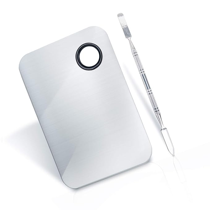 2 Pcs Makeup Mixing Palette, Upgrad Stainless Steel Metal Foundation Palette with Spatula Artist Tool for Mixing Foundation Nail-Art 5.9x3.9 in-GlimoraGlow