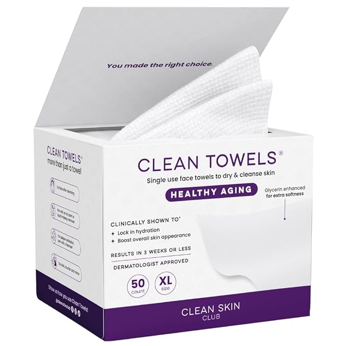 Clean Skin Club Clean Towels XL Healthy Aging™, Smooths Fine Lines Wrinkles & Texture In 6 Weeks, Treated for Extra Softness, Disposable Face Towels, Anti Aging Makeup Remover Dry Wipe (50 Ct, 1 Pack)-GlimoraGlow