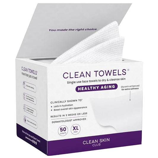 Clean Skin Club Clean Towels XL Healthy Aging™, Smooths Fine Lines Wrinkles & Texture In 6 Weeks, Treated for Extra Softness, Disposable Face Towels, Anti Aging Makeup Remover Dry Wipe (50 Ct, 1 Pack)-GlimoraGlow