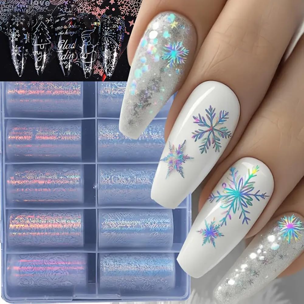 1Box 10 Rolls Laser Silvery Snowflake Nail Art Transfer Stickers 3D Christmas Tree Snowman ELK Starry Sky Paper Decals Rose Letter Gift Manicure Supplies Christmas Nail Foil Transfer Stickers Decals-GlimoraGlow