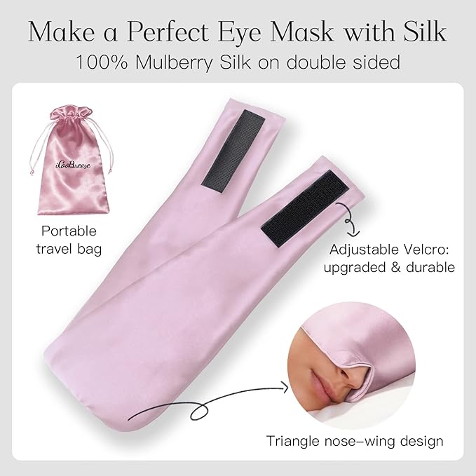 100% Natural Silk Eye Mask for Women Men, Soft Pressureless Cooling Blackout Eye Covers for Sleeping, Large Size Sleep Mask fits All Heads Adjustable, 1PC, Lotus Pink-GlimoraGlow