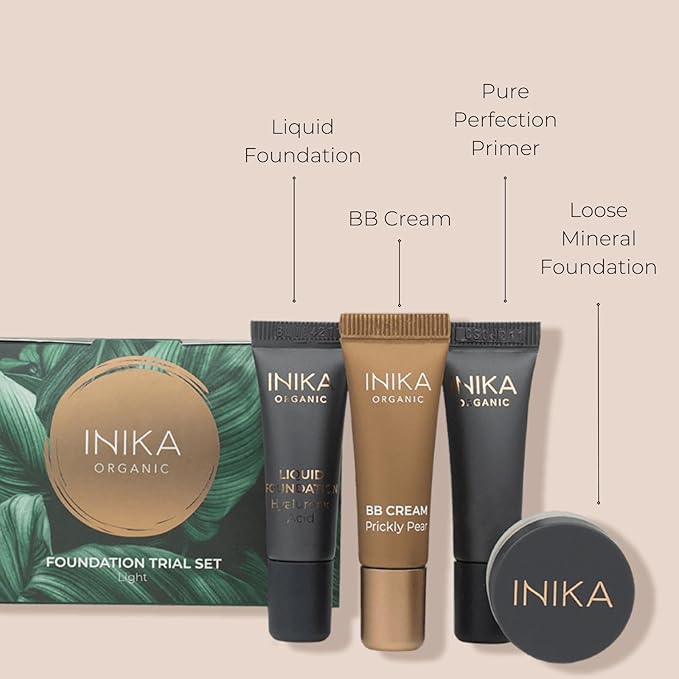 INIKA Organic Foundation Trial Set, Natural Mineral essentials kit, Vegan, Cruelty-Free, Paraben-Free, Rich in Antioxidants and Essential Fatty Acids, Comes in Sustainable Packaging - Light-GlimoraGlow