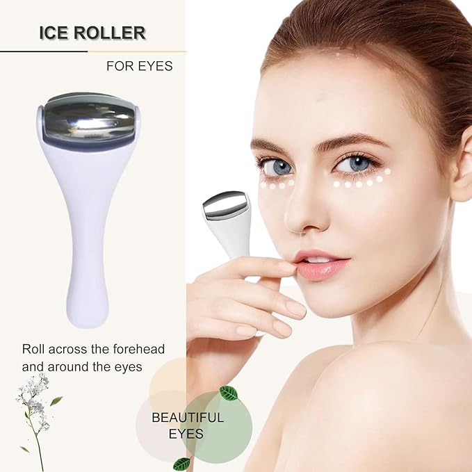 Ice Roller & Massager for Face & Eyes - Stainless Steel, 2 Pcs, Pain Relief, Dark Circles, Migraine (White)-GlimoraGlow