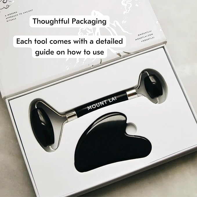 Mount Lai Obsidian Gua Sha Facial Tools, Black Obsidian Gua Sha Facial Tools Set and Roller, Guasha Tool for Face to Relieve Muscle Tension and Reduce Puffiness, Anti Aging Skin Care Sets for Women-GlimoraGlow