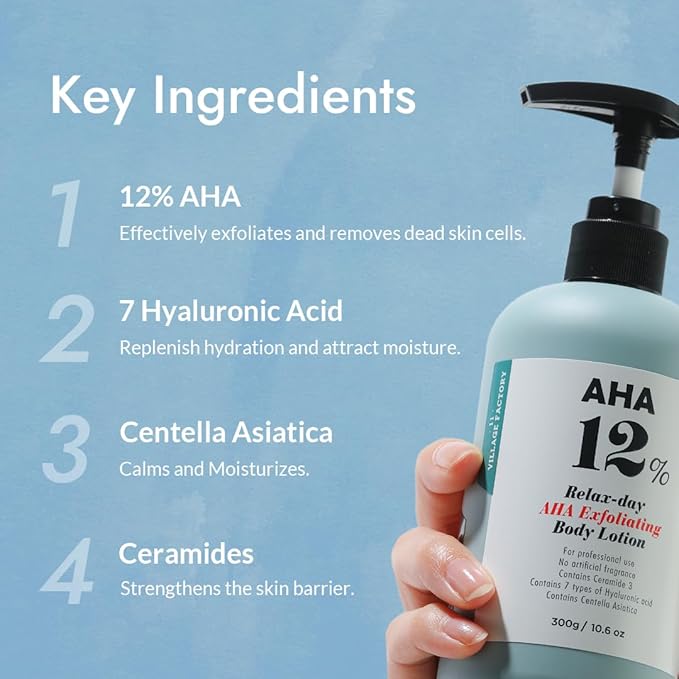 V11FACTORY AHA 12% Glycolic Acid Body Lotion – Korean Exfoliating & Hydrating Body Cream with Hyaluronic Acid & Collagen – Unscented, Paraben-Free Skin Smoothing Moisturizer, 10.6 oz-GlimoraGlow