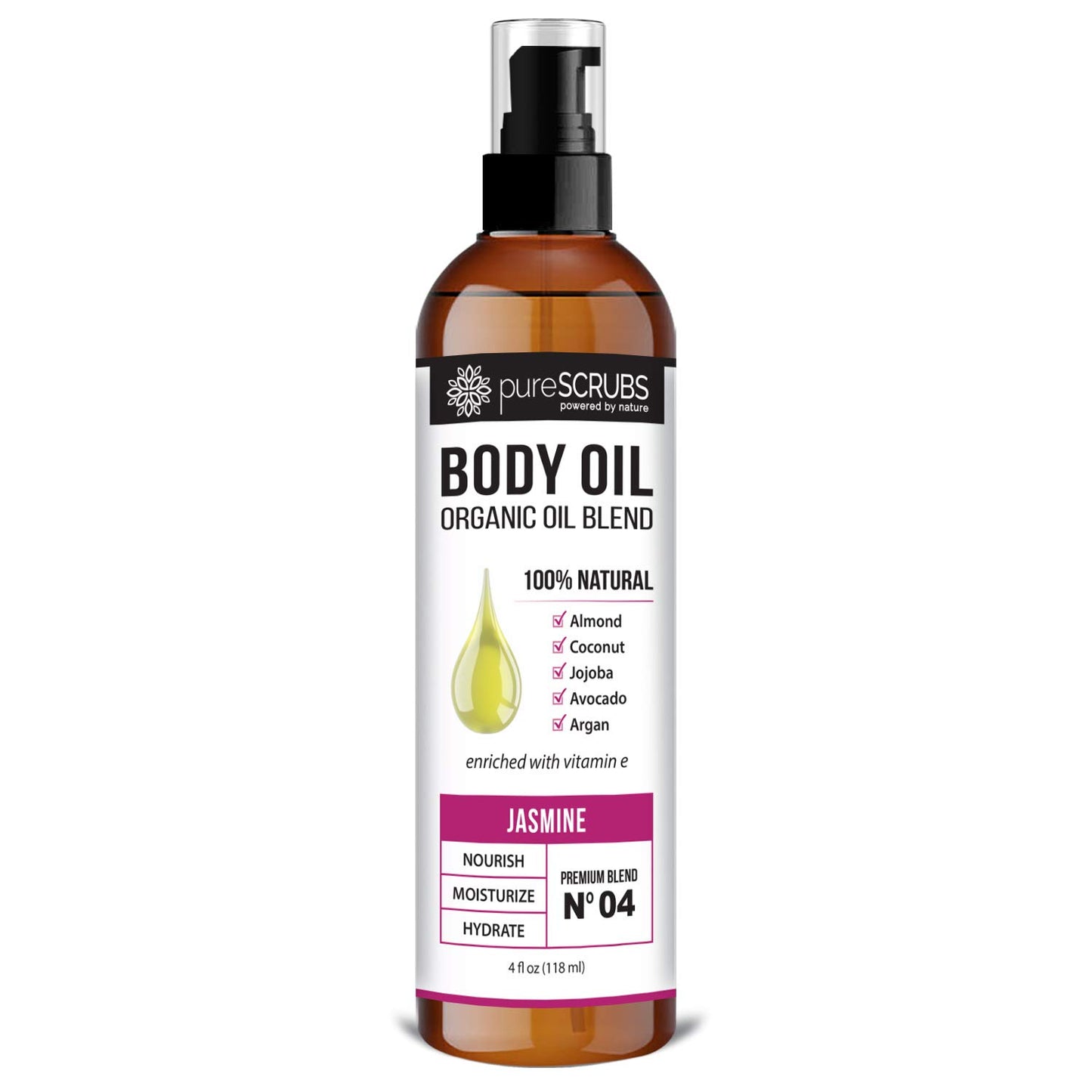 pureSCRUBS Ultra Moisturizing Jasmine Body Oil Spray for Dry Skin, Massage, Cuticles & More - Organic Super Blend of Jojoba, Argan, Coconut, Sweet Almond & Avocado Enriched with Vitamin E, Lg 4oz-GlimoraGlow