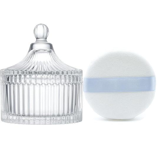 Ultra Soft Powder Puff and Container 3.3" High Density Velvet Dusting Washable Reusable Powder Puff,Bathroom Dressing Table Cotton Swab Storage Jar(Clear)-GlimoraGlow