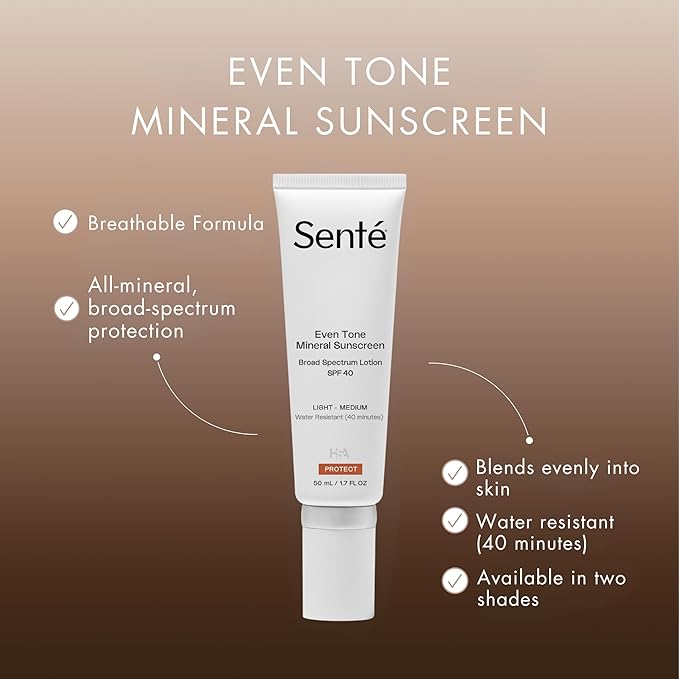 Senté Even Tone Mineral Sunscreen Tinted | SPF 40 Light-Medium | Hydrating, Lightweight Sun Protection Treatment for Redness & Discoloration | UVA/UVB & Blue Light Defense | 1.7 oz-GlimoraGlow