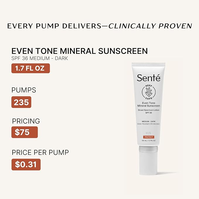 Senté Even Tone Mineral Sunscreen Tinted | SPF 36 Medium-Dark | Hydrating, Lightweight Sun Protection Treatment for Redness & Discoloration | UVA/UVB & Blue Light Defense | 1.7 oz-GlimoraGlow