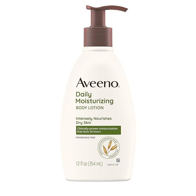 Aveeno Daily Moisturizing Body Lotion with Soothing Prebiotic Oat, Gentle Lotion Nourishes Dry Skin With Moisture, Paraben-, Dye- & Fragrance-Free, Non-Greasy & Non-Comedogenic, 12 fl. Oz-GlimoraGlow