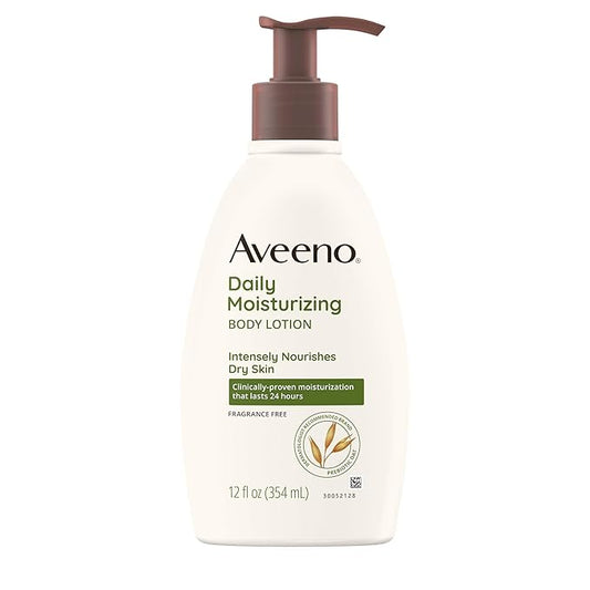Aveeno Daily Moisturizing Body Lotion with Soothing Prebiotic Oat, Gentle Lotion Nourishes Dry Skin With Moisture, Paraben-, Dye- & Fragrance-Free, Non-Greasy & Non-Comedogenic, 12 fl. Oz-GlimoraGlow