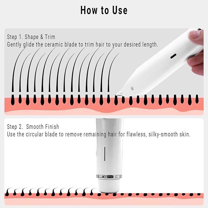 2-in-1 Bikini Trimmer for Women, Bikini Shaver with Dual Heads, Painless Body and Facial Hair Removal, Rechargeable Cordless Electric Razors for Face Chin Pubic Underarm Legs, IPX7 Waterproof, White-GlimoraGlow