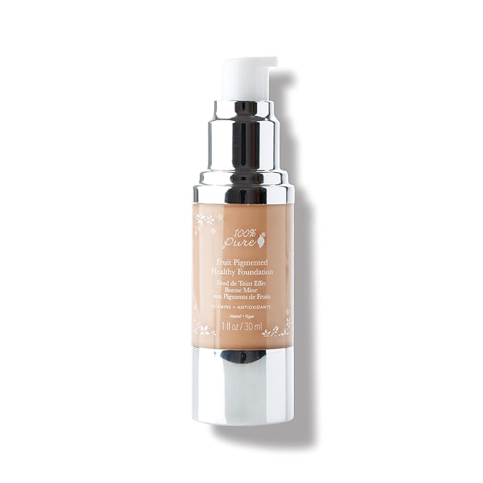 100% PURE Healthy Foundation Full Face Coverage Makeup, Liquid Matte Finish with Anti-Aging Benefits - Vegan Gorgeous Fruit Pigmented Peach Bisque Color (Medium with Olive Undertone) - 1 Fl Oz-GlimoraGlow