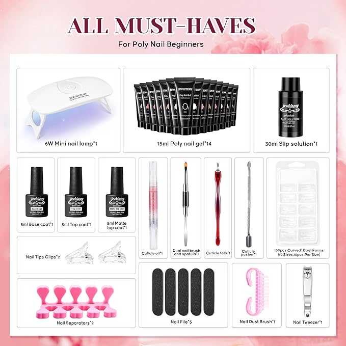 JEWHITENY 14 PCS Poly Nail Gel Kit Poly Extension Gel Kit Starter Kit With Slip Solution Professional Extension Set With LED Lamp Nail Art Design Beginner All In One-GlimoraGlow