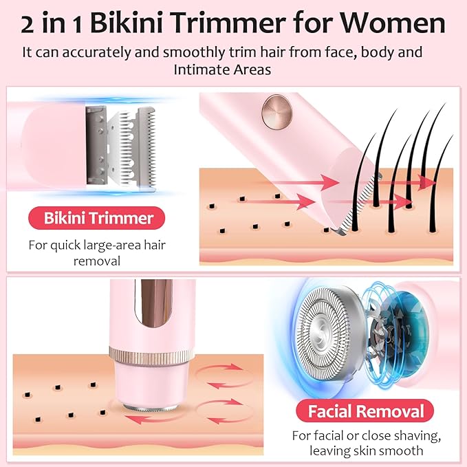 2025 Upgraded Bikini Trimmer for Women - 2 in 1 Dermave Bikini Shaver with LED Display, Dual Head Cordless Electric Shaver, IPX7 Waterproof Wet/Dry Body Hair Trimmer for Face, Body & Intimate Areas-GlimoraGlow