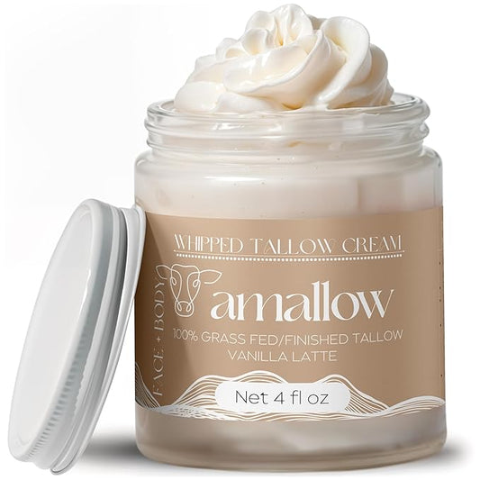 Amallow 100% Grass Fed Beef Tallow for Skin Care - Face + Body - Whipped Moisturizer - Natural Lotion, 4 FL. oz. (Vanilla Latte)-GlimoraGlow