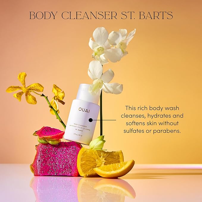 OUAI Body Cleanser, St. Barts Travel Size - Foaming Body Wash with Jojoba Oil & Rosehip Oil to Hydrate, Balance & Soften Skin - Paraben, Phthalate & Sulfate Free Skin Care Products (3 fl oz)-GlimoraGlow