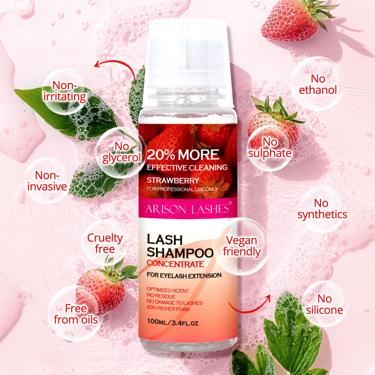 ARISON LASHES Lash Shampoo Concentrate for Lash Extensions 100ML Eyelash Cleanser Concentrate Oil-Free Eyelash Extension Shampoo with Salon Home Care(Strawberry)-GlimoraGlow