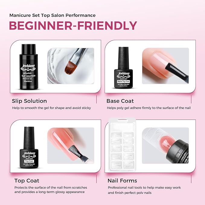 JEWHITENY 28 Colors Poly Nail Gel Kit with Base Top Coat Purple Blue Yellow Nude Pink Glitter Shades Quick-Dry for Beginners DIY Need U V Lamp Curing-GlimoraGlow