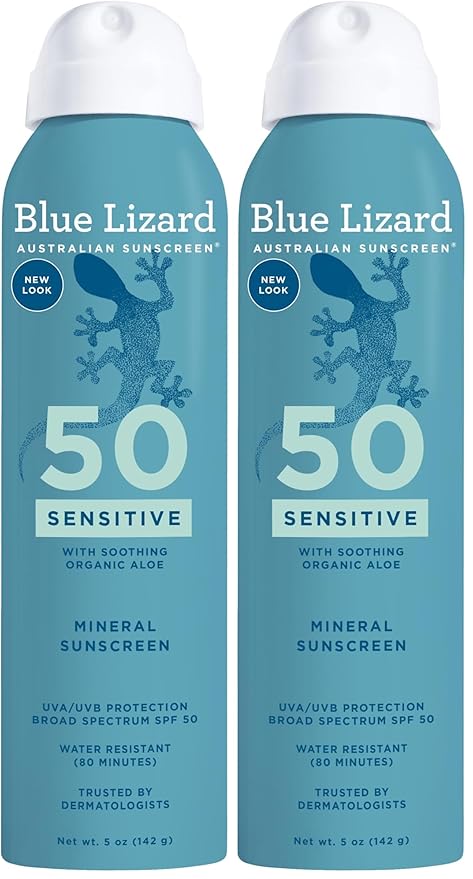 Blue Lizard Sensitive Mineral Sunscreen Spray SPF 50+, Dermatologist-Recommended Brand, Broad-Spectrum UVA/UVB Protection, Water-Resistant, Zinc Oxide Formula, 5 fl oz (Pack of 2)-GlimoraGlow
