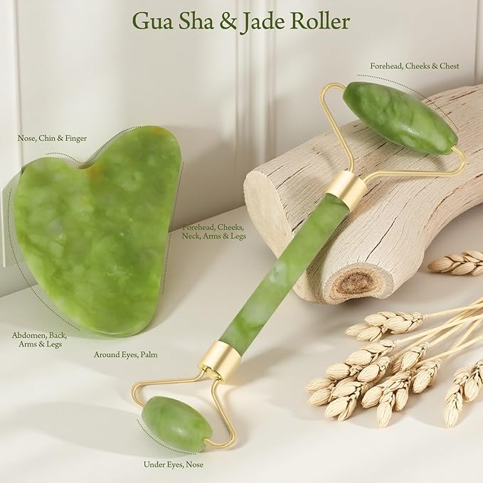 Real Perfection Gua Sha Facial Tools Face Roller for Wrinkles Jade Roller and Gua Sha Set, Scrubber Pore Brush Headband Skin Care Tools for Travel Skincare Routine Massaging Reducing Puffiness - Green-GlimoraGlow
