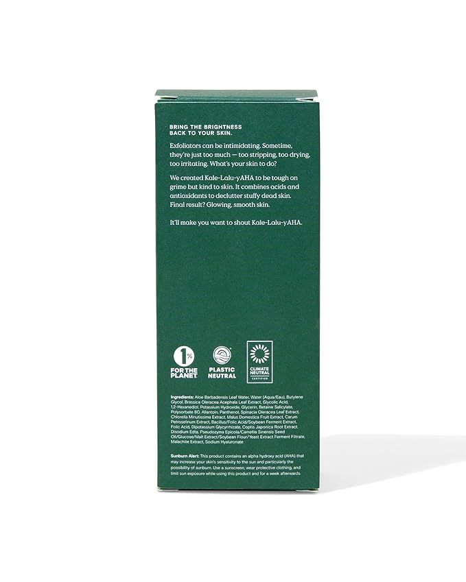 Krave Beauty Kale-Lalu-yAHA - Gentle 5.25% AHA Exfoliator with Glycolic Acid, Hyaluronic Acid, and Vitamin-Rich Kale for Texture, Discoloration, and Dead Skin Cells, Vegan and Cruelty-Free, 6.76 fl oz-GlimoraGlow