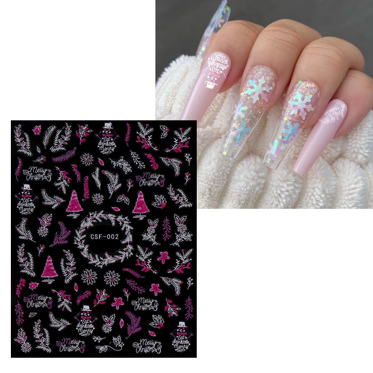 JMEOWIO 9 Sheets Christmas Pink Glitter Nail Art Stickers Decals Self-Adhesive Snowflake Winter Holiday Nail Supplies Nail Art Design Decoration Accessories-GlimoraGlow