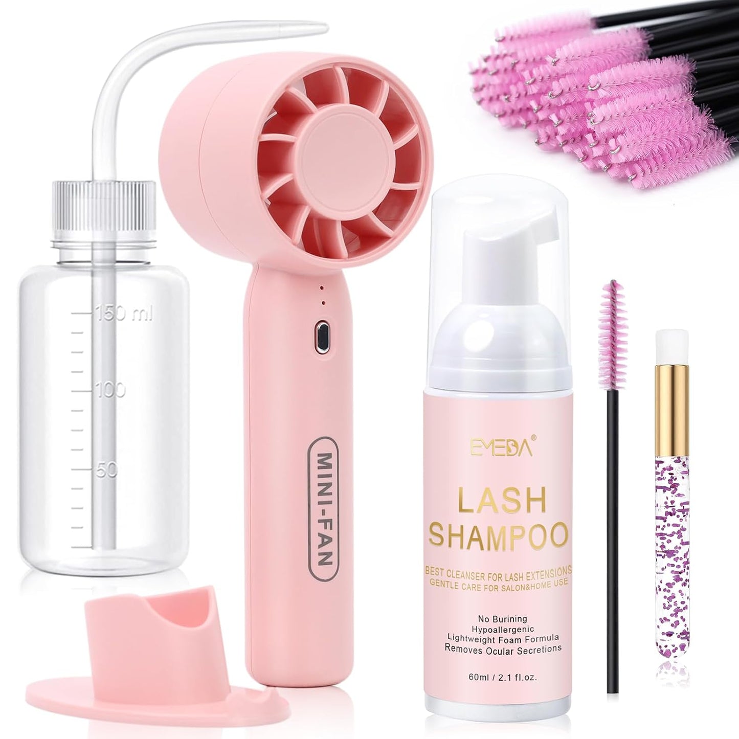 EMEDA Lash Shampoo Kit 2.02 fl oz Lash Cleaning Kit with Rechargeable Fan Dryer/Brush/Rinse Bottle, Oil-free Cleanser Wash for Extensions & Clusters & Natural Eyelashes, Cleaner for Eyelash Care-GlimoraGlow