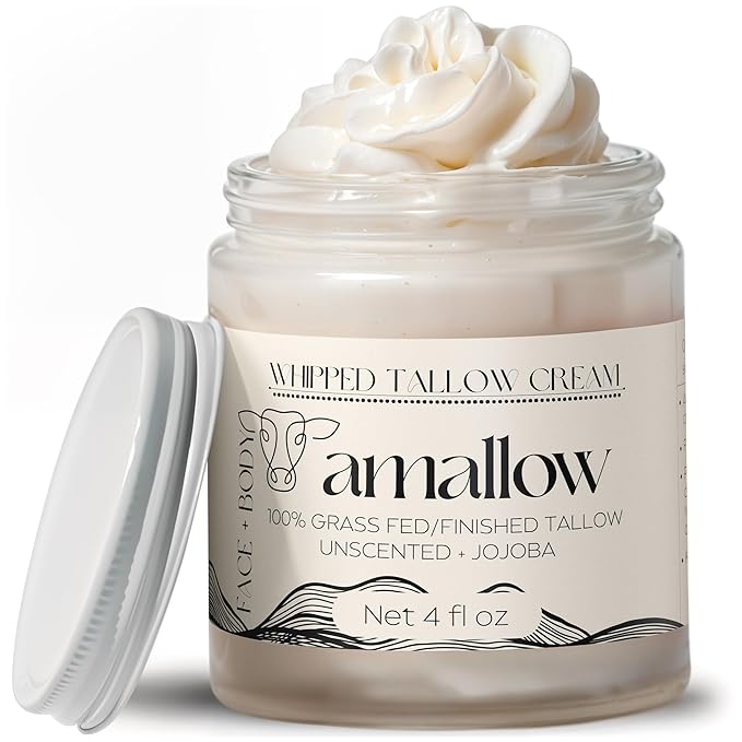 Amallow 100% Grass Fed Beef Tallow for Skin Care - Face + Body - Whipped Moisturizer for Sensitive Skin - Natural Lotion, 4 FL. oz. (Unscented + Jojoba Oil)-GlimoraGlow