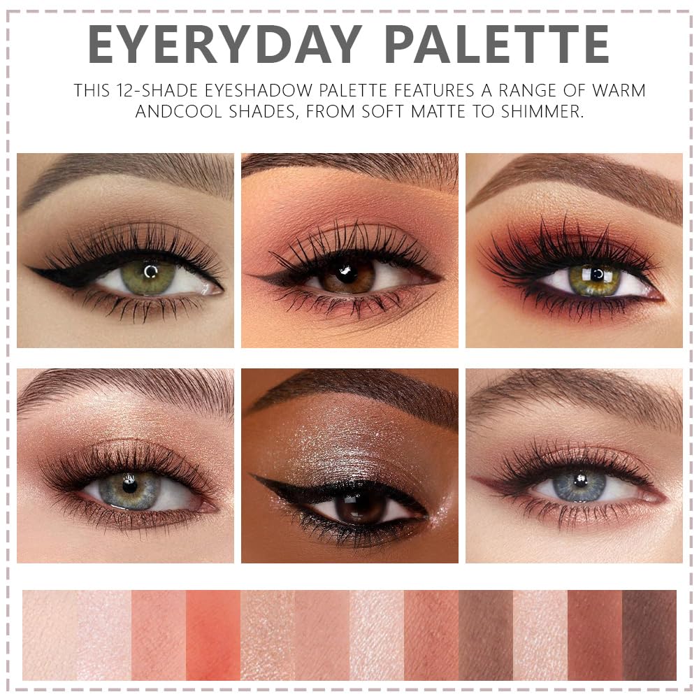 12Colors Eye Shadow Palette With Mirror and Brush,Nude Pink Brown Neutral Natural Eyeshadow Palette,Long Lasting Waterproof Travel Size Makeup Pallete-GlimoraGlow